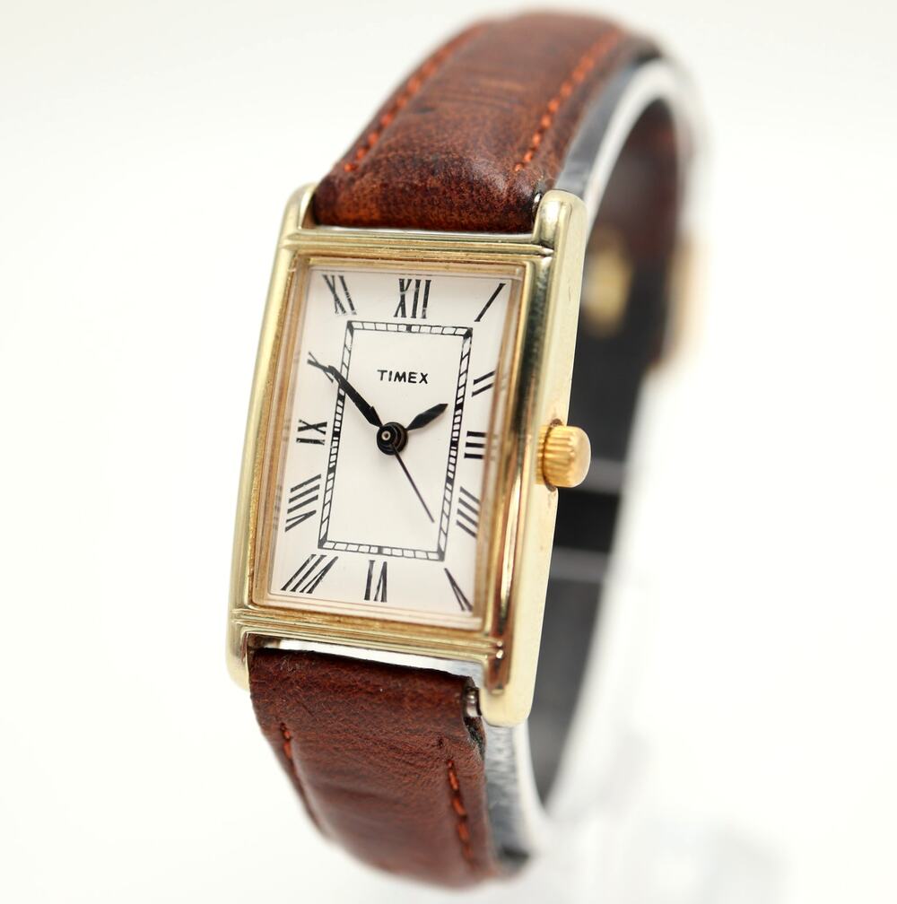 Vintage Timex Womens 19mm Tank Watch Roman Dial Brown Leather w New Battery